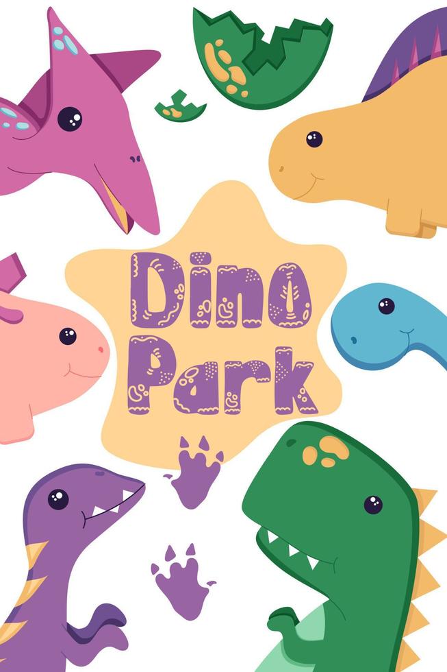 cartel de lindos dinosaurios para decorar la guardería, pegatinas de la era mesozoica para niños, con alfabeto dibujado a mano en estilo plano, aislado en blanco. vector