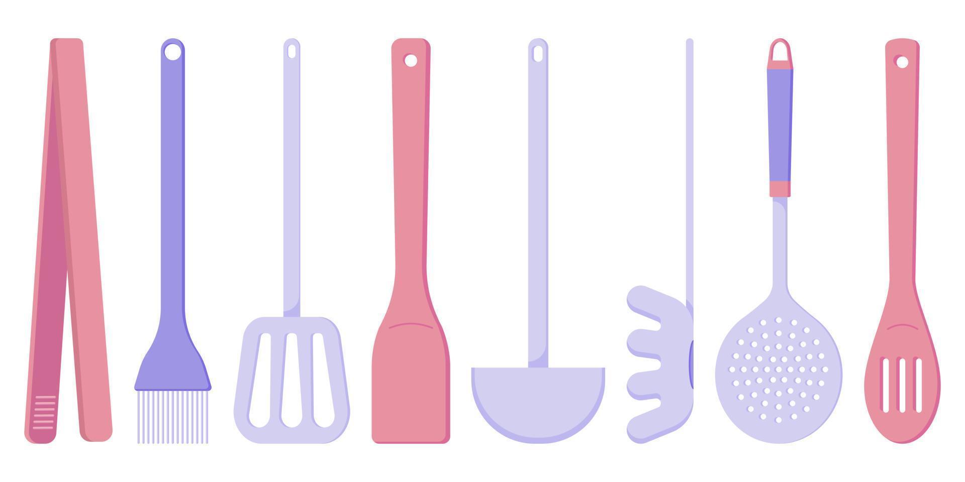 juego de electrodomésticos de cocina para cocinar, una cuchara, una espumadera, una espátula de madera, un cucharón, pinzas de cocina, un cepillo para asar, una cuchara para espaguetis, una ilustración de estilo plano vector