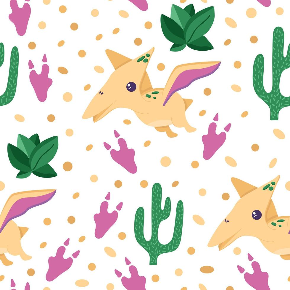 Seamless pattern of cute dinosaur with cactus and succulents for decorating the nursery, banners or textile. Flat style, isolated on a white. vector