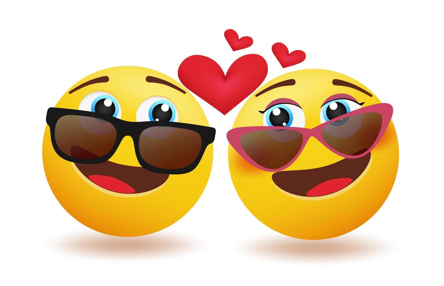 Diseño de concepto de vector de pareja de emoji. emoticon 3d inlove lovers personaje con ojos que se miran con gafas de sol para emojis emoticonos del día de san valentín. ilustración vectorial.