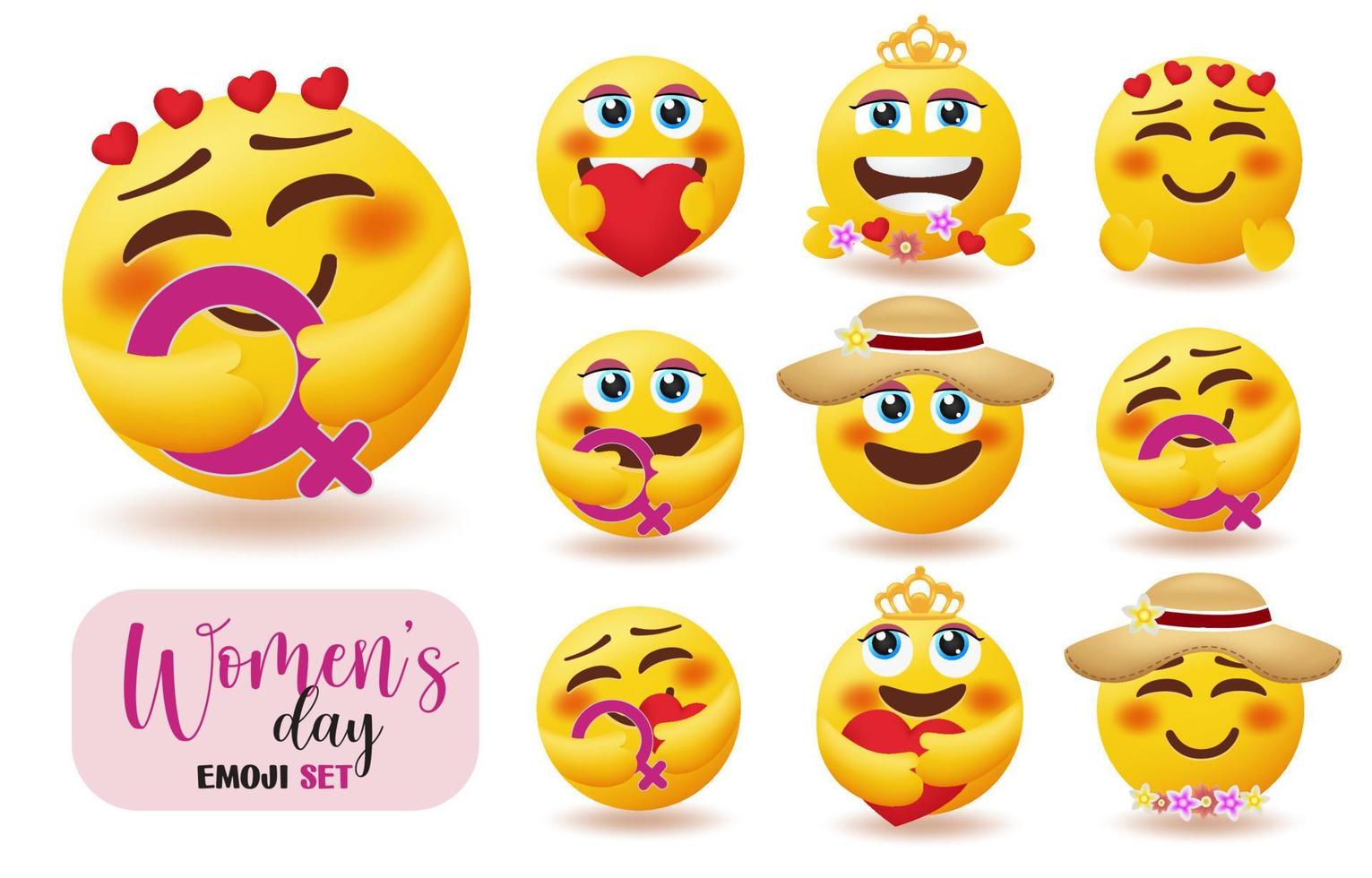 Conjunto de vectores de personajes emoji de mujeres. Colección de emoticonos del día de la mujer con personaje de niña sosteniendo el símbolo femenino para el diseño de celebración de la mujer y las madres. ilustración vectorial.