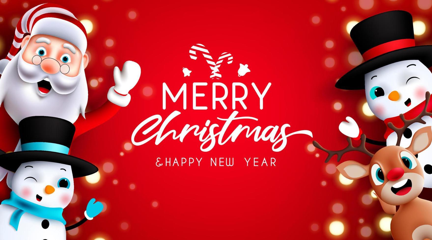 Christmas greeting characters vector design. Merry christmas text with santa claus, reindeer and snowman waving in red background for xmas holiday season. Vector illustration.