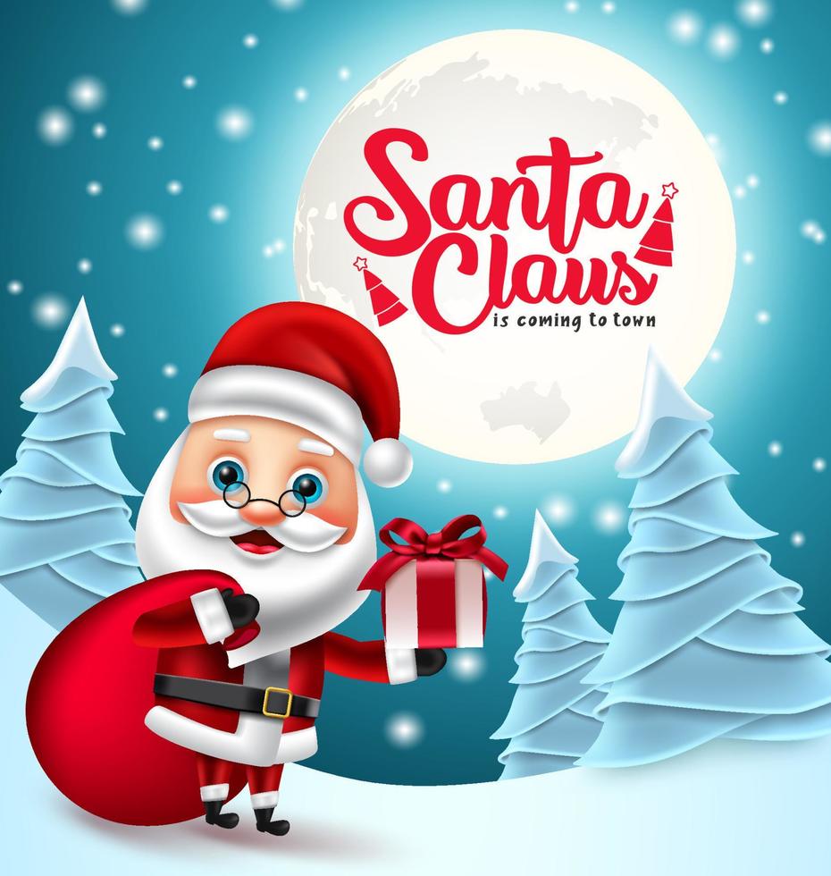 Santa claus vector design. Santa claus is coming to town text in moon element with santa character holding gift and sack for xmas winter holiday season celebration. Vector illustration.