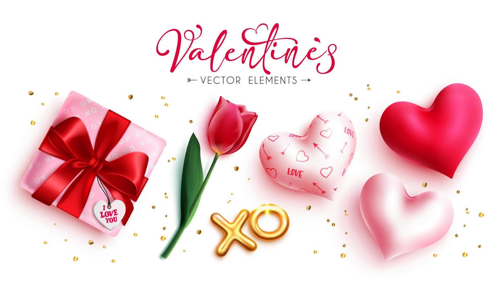 diseño de fondo de vector de día de San Valentín. Texto de saludo de feliz día de San Valentín con regalo, corazones lindos y elementos románticos de globos para mensajes de San Valentín. ilustración vectorial.