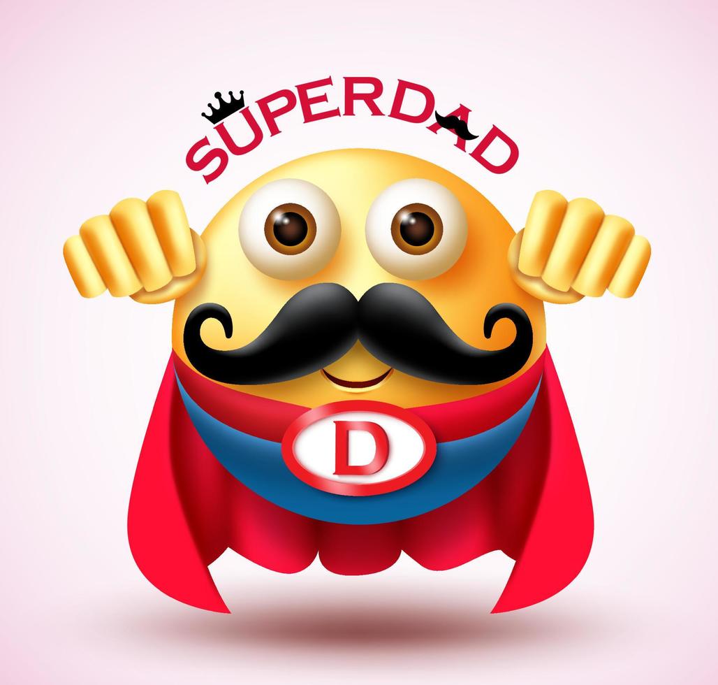 Father's day emoji vector design. Super dad text with super hero 3d father character wearing cape costume for celebrating male parents day emoticon design. Vector illustration