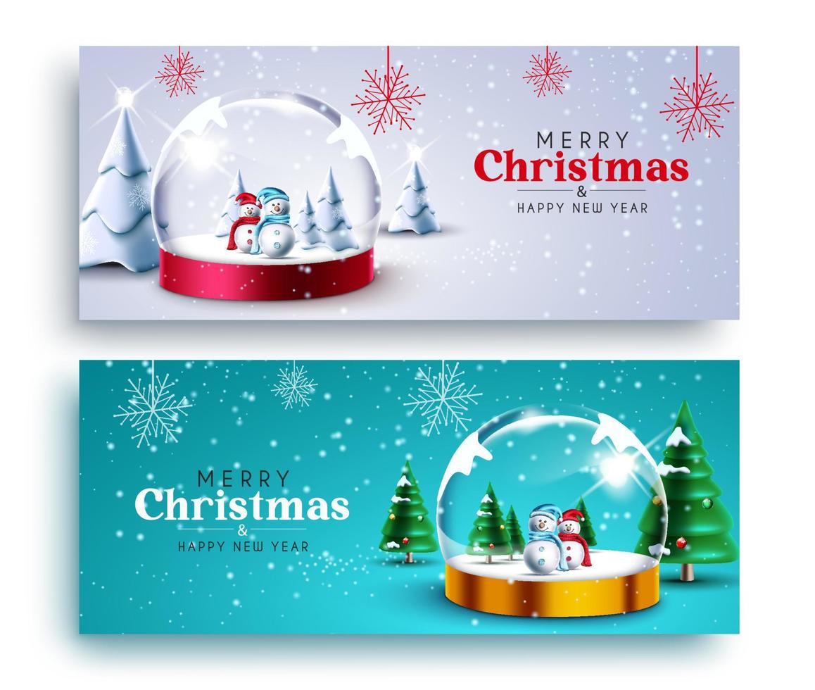 conjunto de banner de vector de Navidad. Feliz Navidad saludo texto con hombre de nieve y bola de cristal en fondo nevado al aire libre para la colección de diseño de temporada navideña. ilustración vectorial