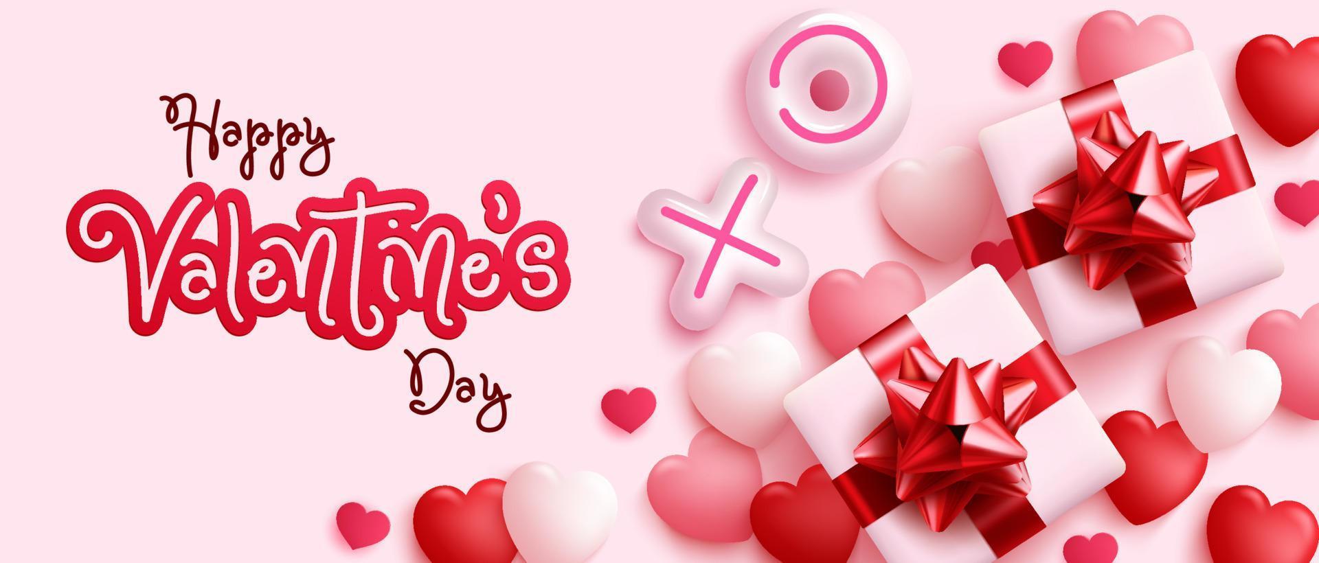 diseño de fondo de vector de día de San Valentín. Texto de saludo de feliz día de San Valentín con regalo, corazones lindos y elementos románticos de globos para mensajes de San Valentín. ilustración vectorial.