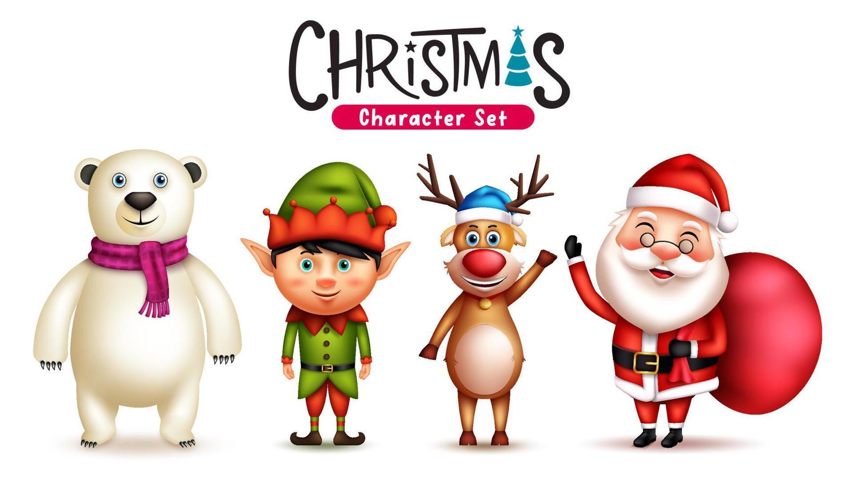 Christmas characters vector set. Santa claus, elf, reindeer and polar bear 3d christmas character with cute and friendly expressions for xmas season design collection. Vector illustration.