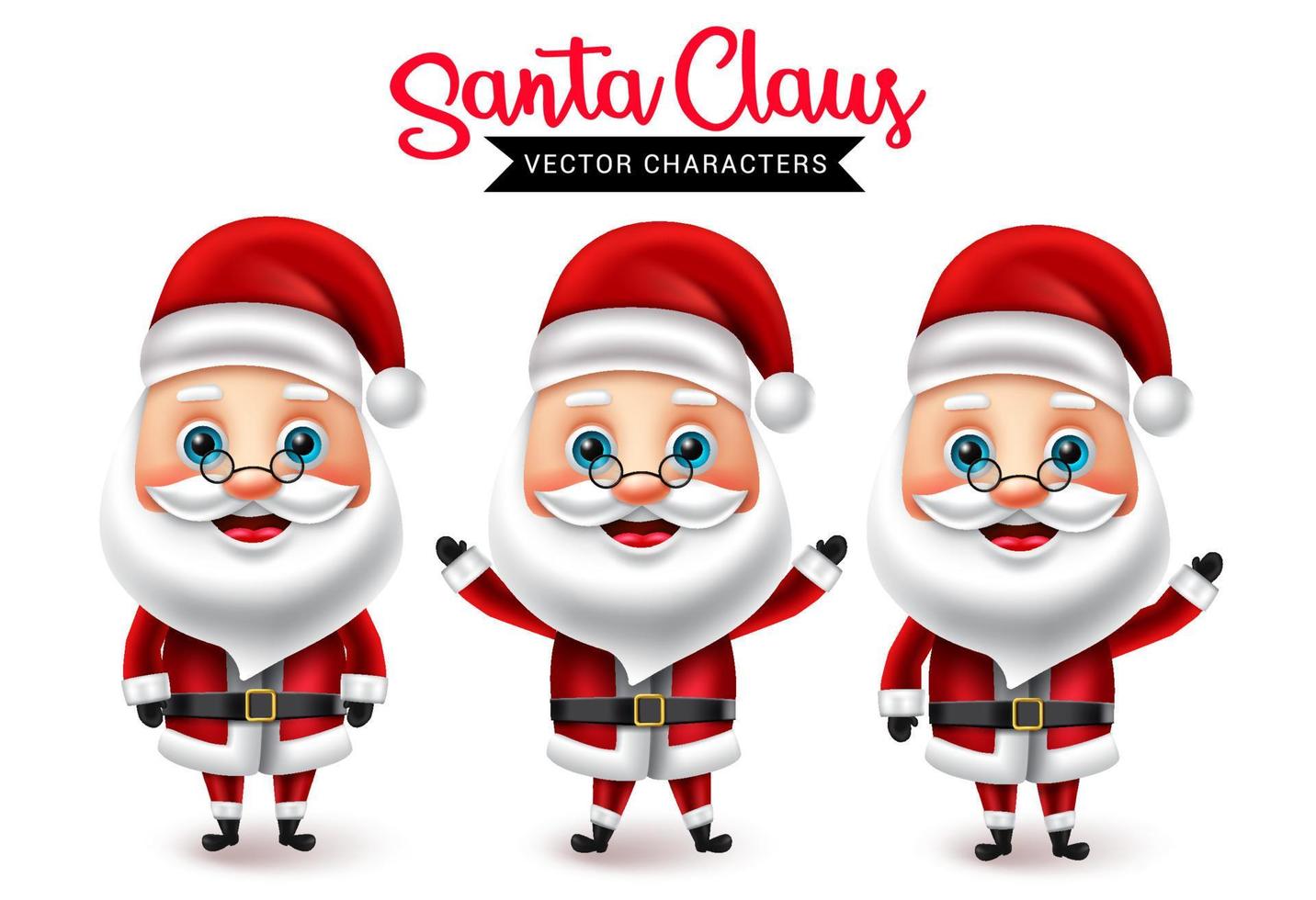 Santa claus christmas vector characters set. Santa claus cute 3d character in standing and waving pose and gestures for xmas holiday season collection element design. Vector illustration
