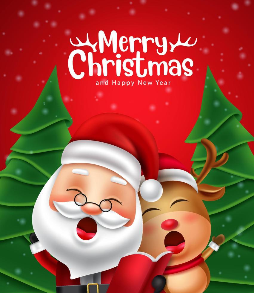 Merry christmas vector design. Merry christmas greeting text with santa claus and reindeer characters singing xmas song for holiday season background. Vector illustration.