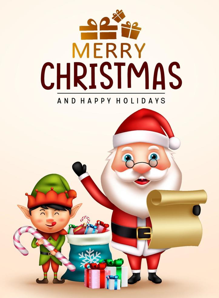 Christmas greeting characters vector design. Merry christmas text with santa claus and elf character holding letter for xmas gift giving poster card. Vector illustration.