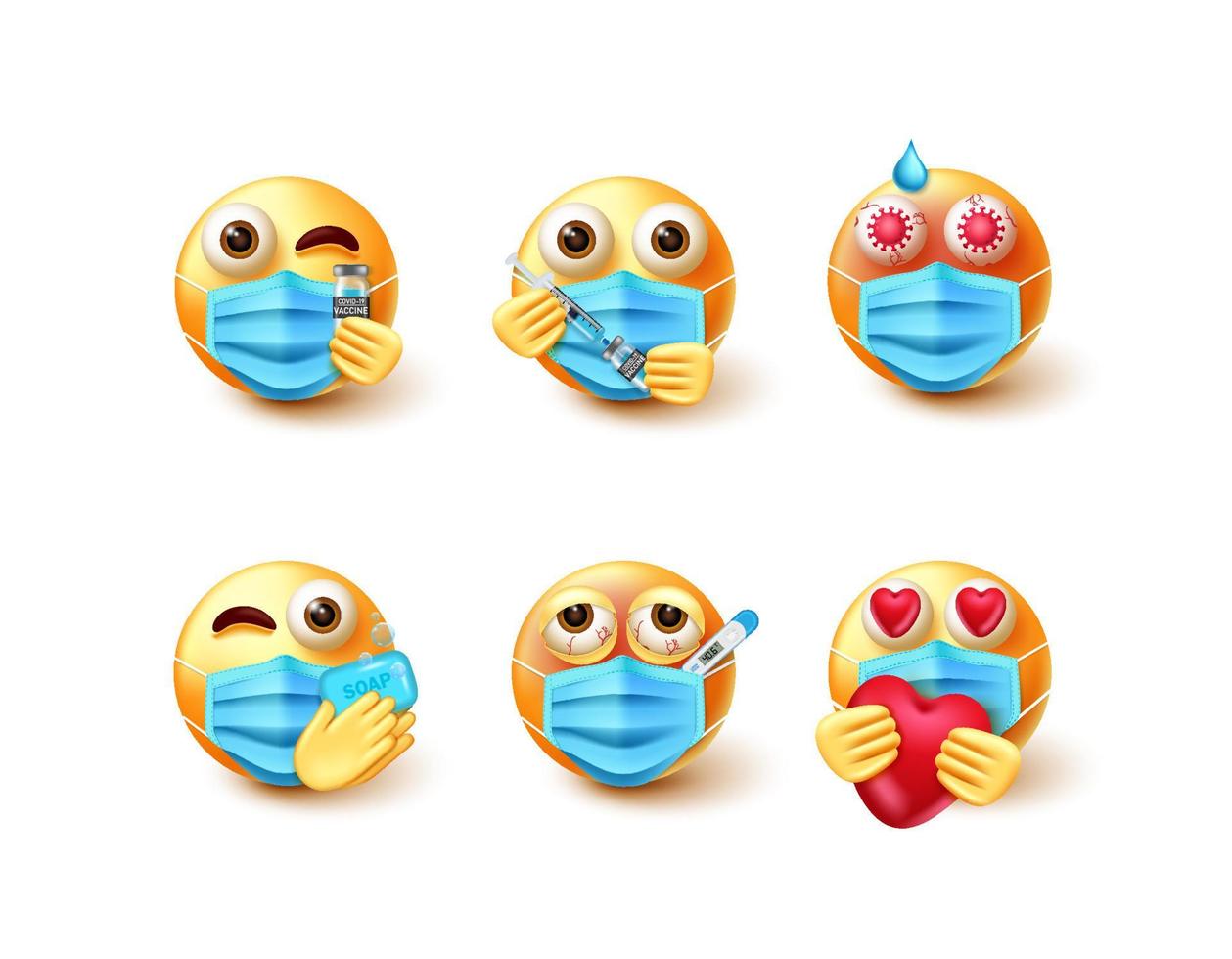 conjunto de vectores emoji covid-19. emoticon emojis 3d en pautas de seguridad como vacunarse, lavarse las manos y verificar la temperatura para el nuevo diseño de colección de personajes de seguridad normal. ilustración vectorial