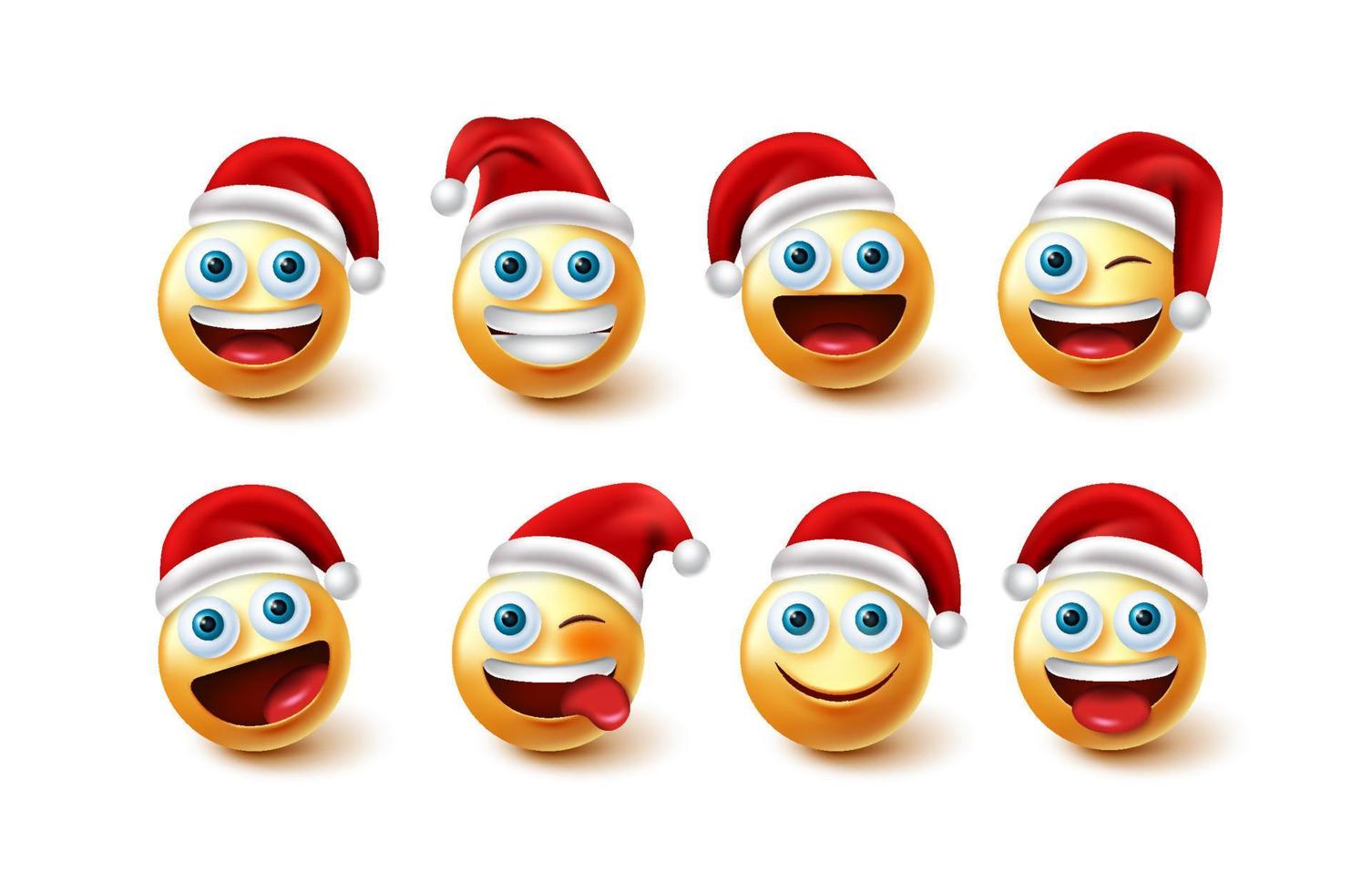 Emoji santa characters vector set. Santa claus christmas emojis character in facial expression and red hat isolated in white background for xmas emoticons collection design. Vector illustration.