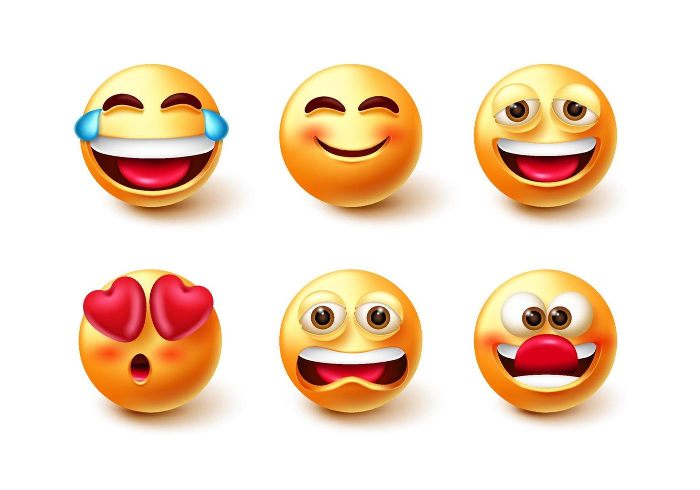 Emoji characters vector set. Emoticon 3d icon with laughing, smiling, funny and upset mood facial expressions isolated in white background for character emoticons collection design.