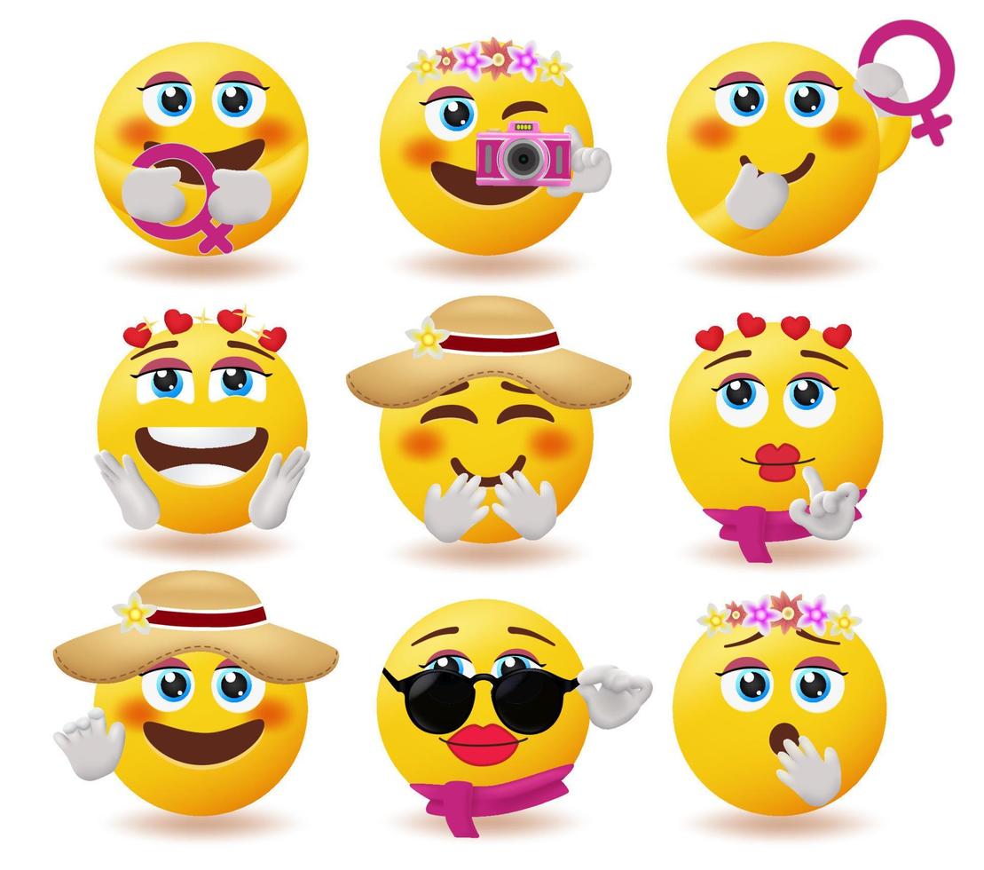 Conjunto de vectores de personajes emoji de mujeres. colección de emojis de mujer con expresiones faciales lindas y hermosas y elementos femeninos para el diseño de emoticonos femeninos del día de la mujer. ilustración vectorial.