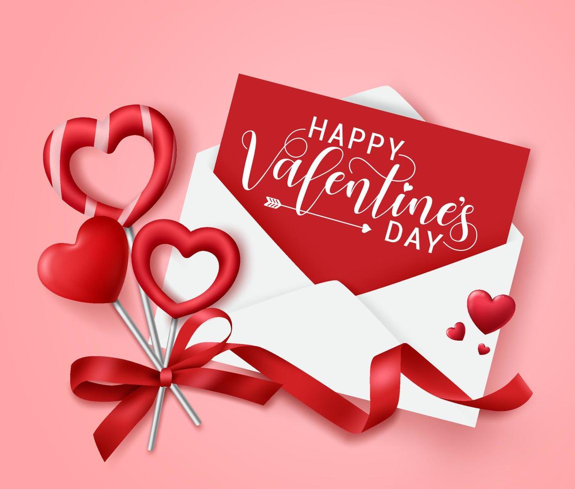 Diseño de fondo de vector de carta de amor de San Valentín. Feliz día de San Valentín texto de saludo en tarjeta con sobre blanco y caramelos en forma de corazón rojo con elemento de cinta en fondo rosa. ilustración vectorial.