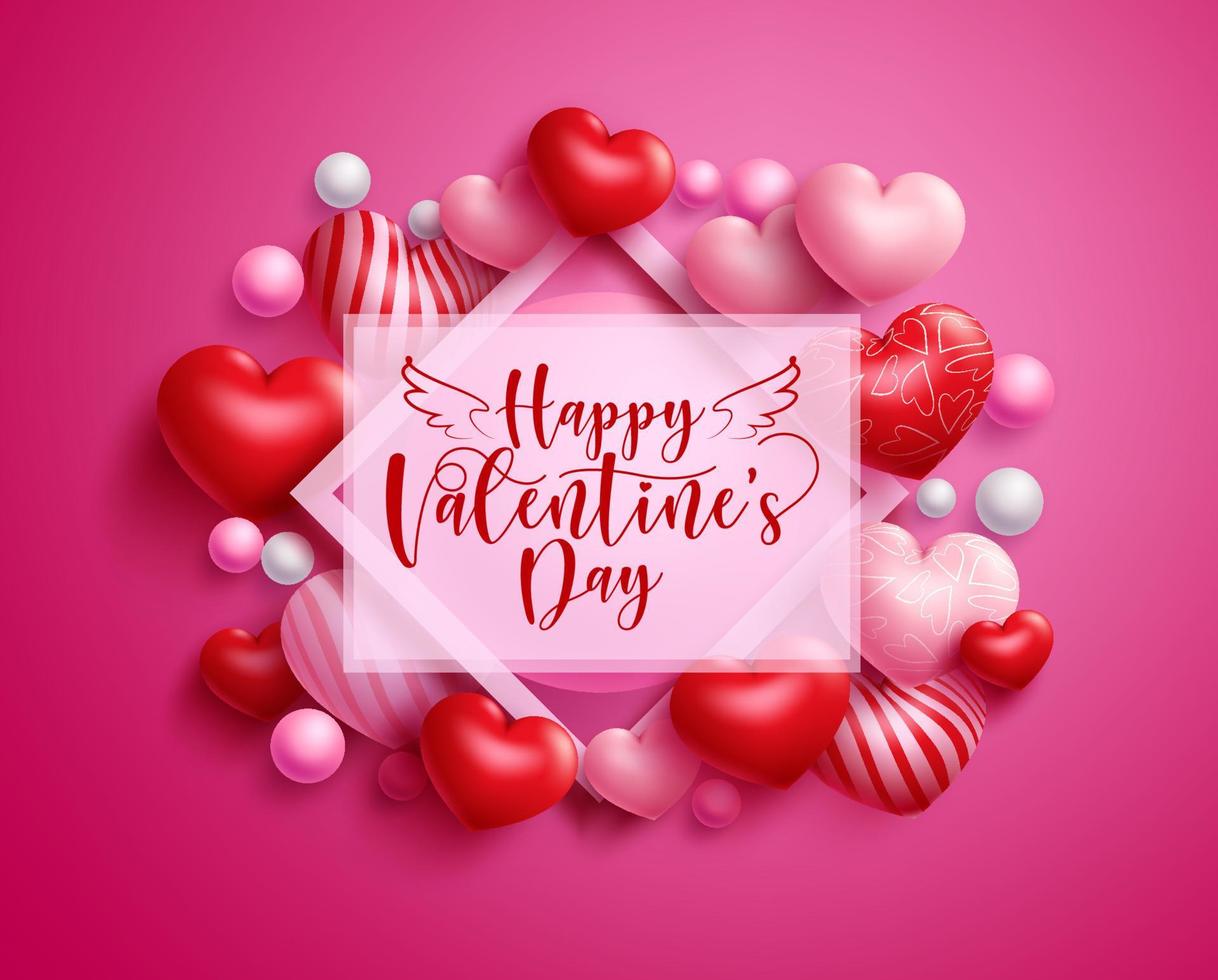 Valentine's vector template design. Happy valentine's day typography text in white empty space for messages with 3d heart balloons and pearl for valentine design. Vector illustration