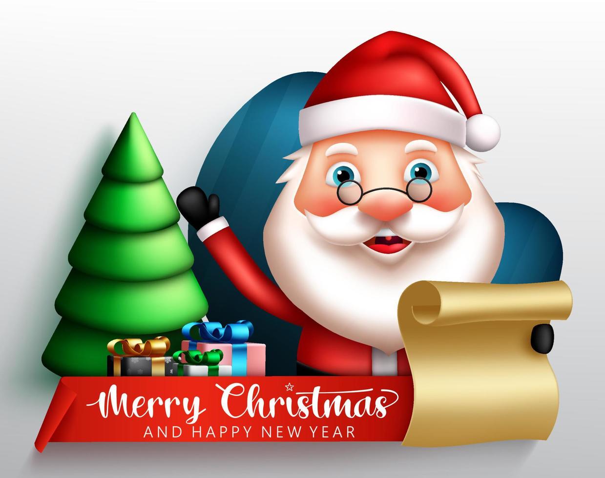 Christmas santa vector concept design. Merry christmas greeting text with friendly santa claus waving and holding letter for xmas happy holiday. Vector illustration.