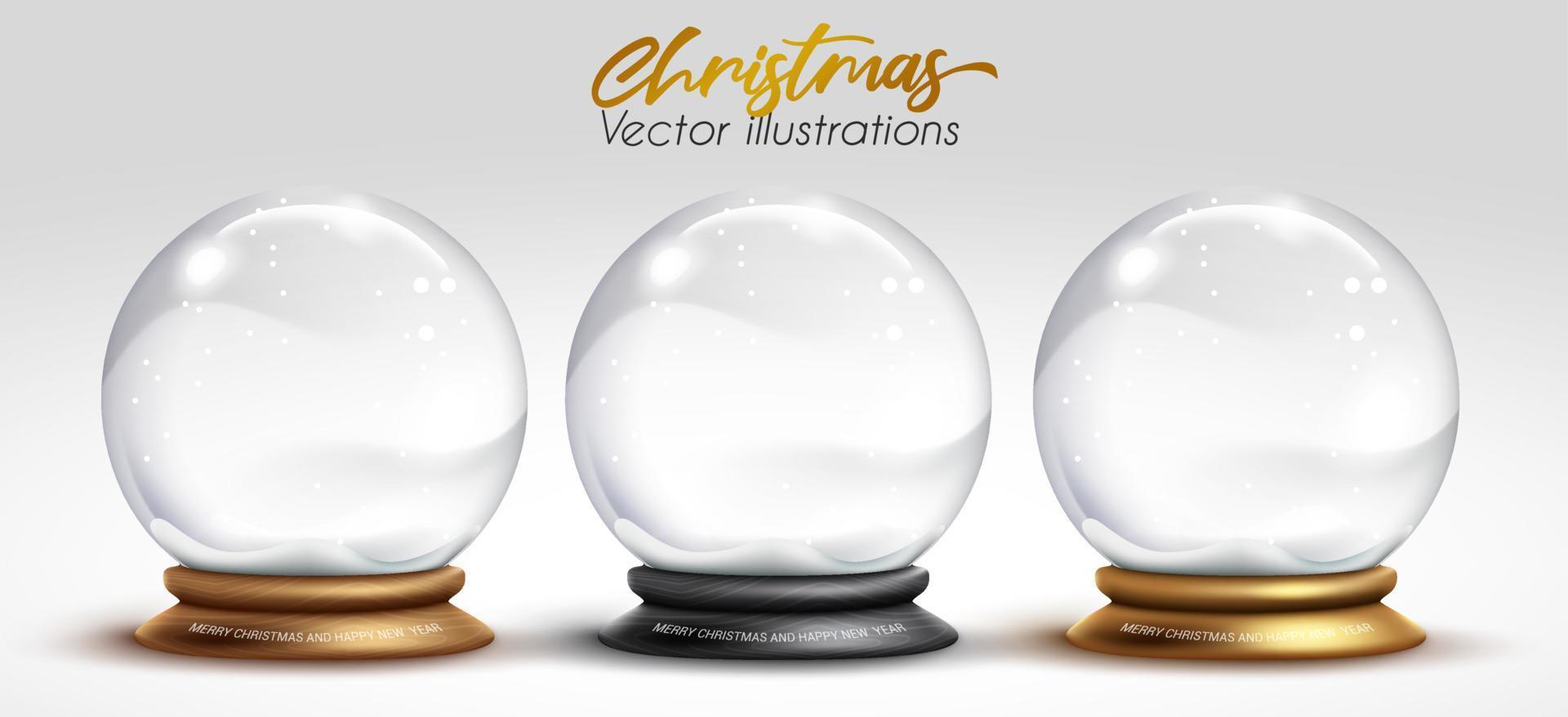 Conjunto de vector de globo de nieve de cristal de Navidad. Feliz Navidad colección de bolas de cristal de cristal aislado en fondo blanco para la decoración de adornos navideños. ilustración vectorial