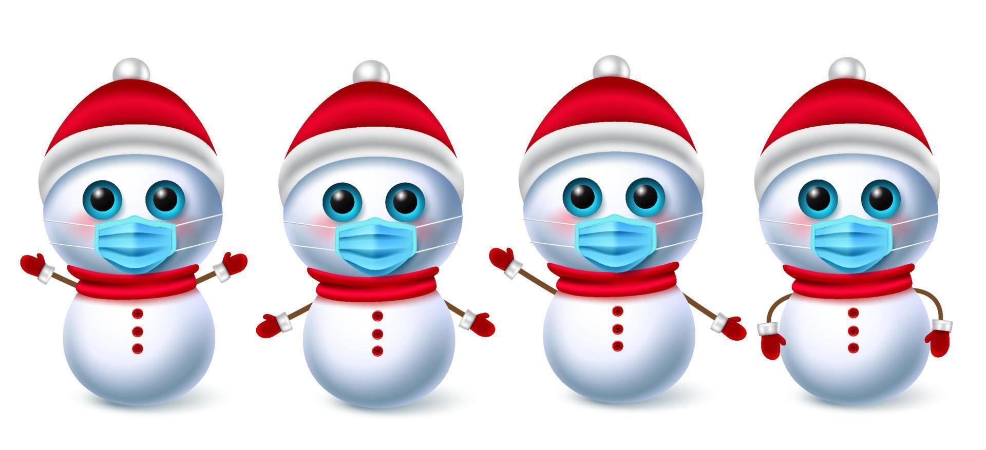 Snow man christmas character vector set. Snowman collection characters wearing face mask for covid-19 campaign for new normal xmas elements design. Vector illustration.