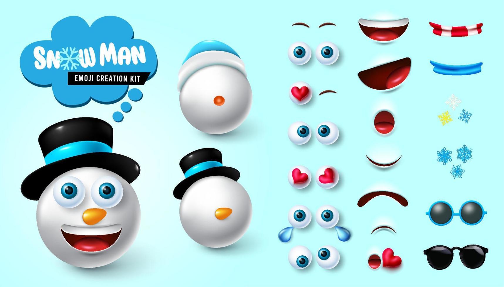 Emoji snowman creator vector set. Snow man emoticon xmas 3d kit with editable facial reaction of cute, friendly and happy for christmas character expression collection design. Vector illustration.