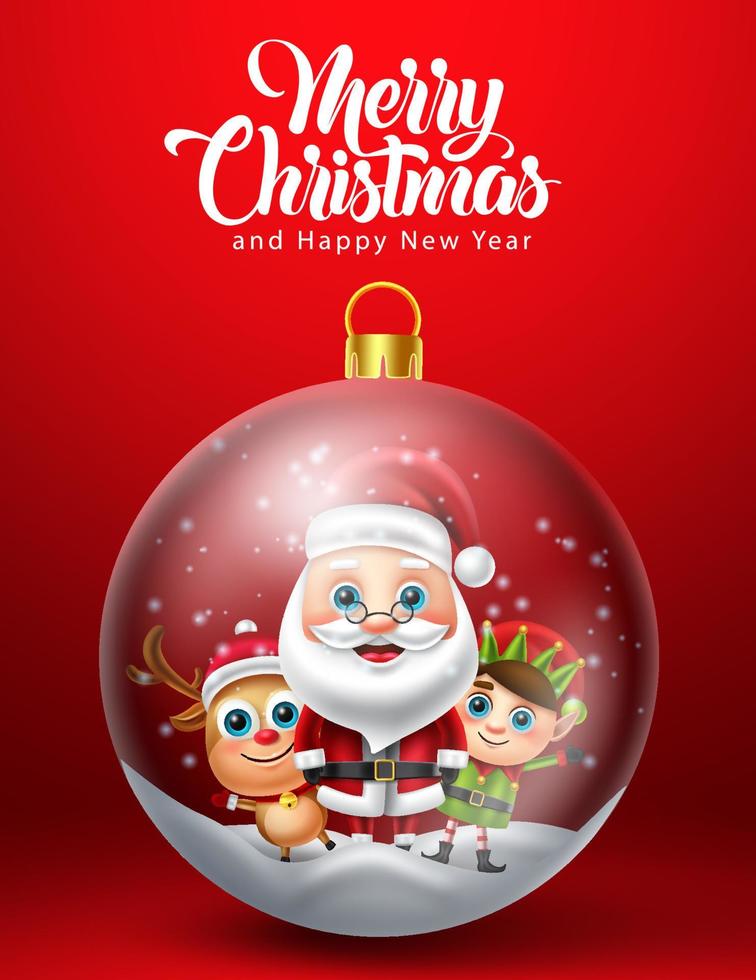 Christmas crystal ball vector design. Merry christmas text with santa claus, reindeer and elf characters in crystal ball element for xmas decoration background. Vector illustration.