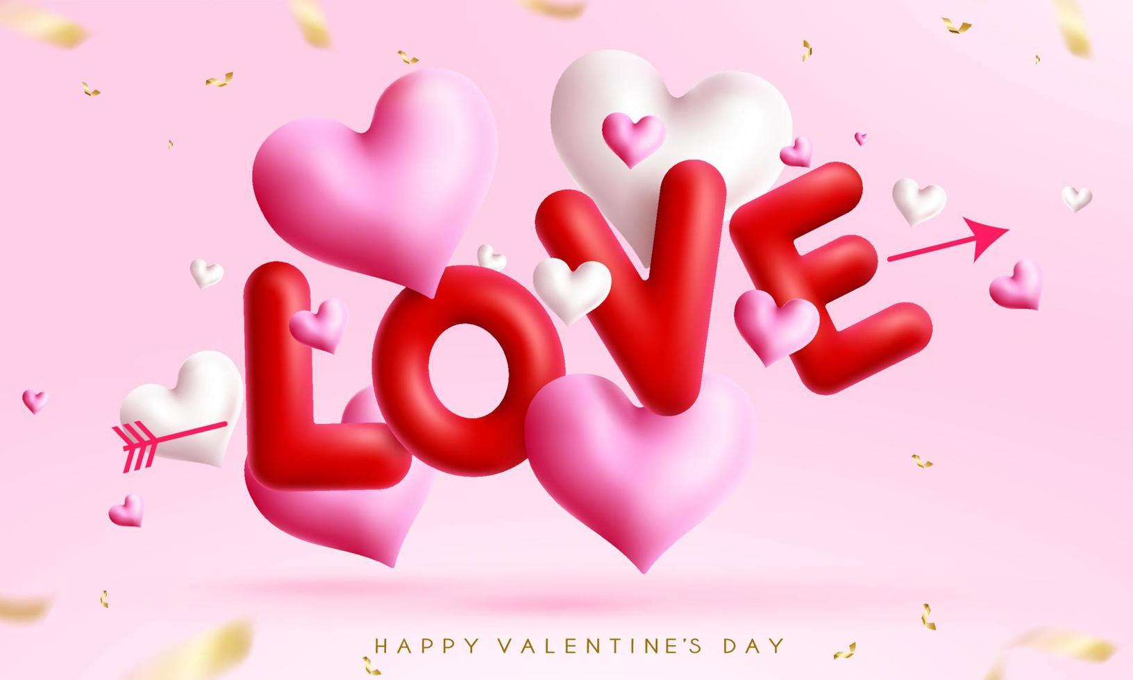 diseño de fondo de vector de saludo de San Valentín. Feliz día de San Valentín texto de felicitación con corazones y elementos de decoración bokeh para la tarjeta de mensajes de celebración de San Valentín. ilustración vectorial.