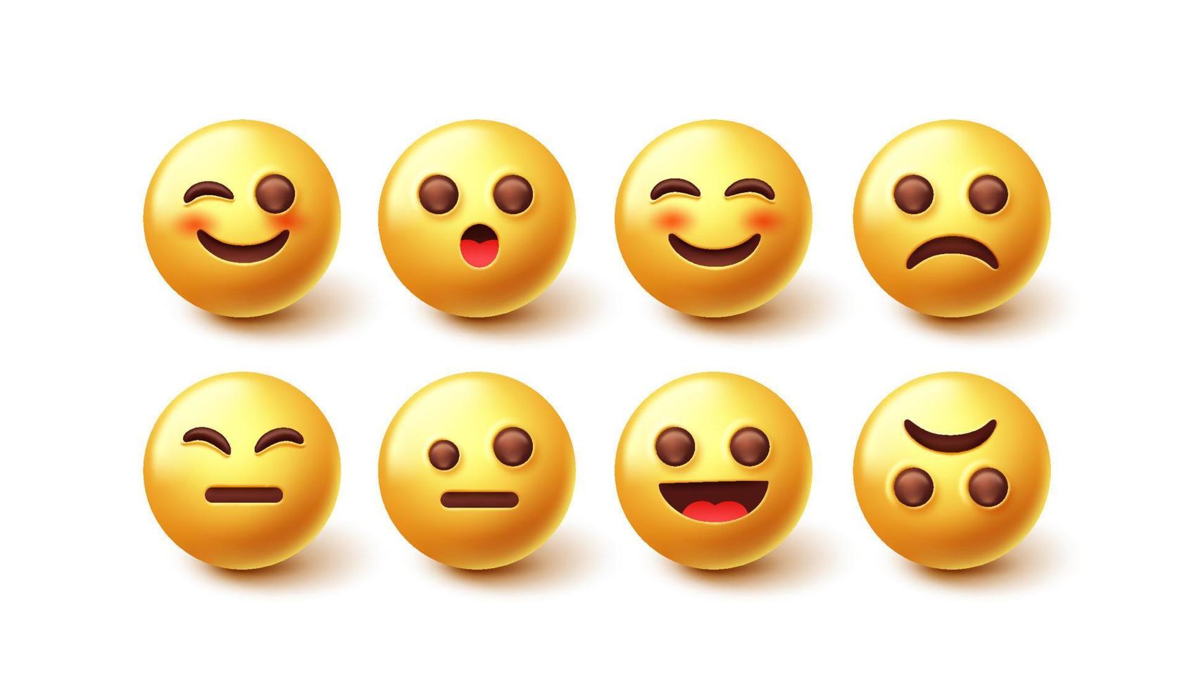 conjunto de vectores de personajes emoji. emoticon diseño de personajes 3d en la colección de caras felices y tristes aislado en fondo blanco para la expresión gráfica de emojis. ilustración vectorial.