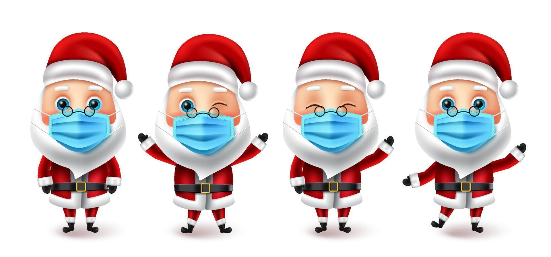 conjunto de vectores de caracteres de santa claus. colección navideña de santa con mascarilla para la campaña covid-19 para el nuevo diseño de elementos navideños normales. ilustración vectorial.