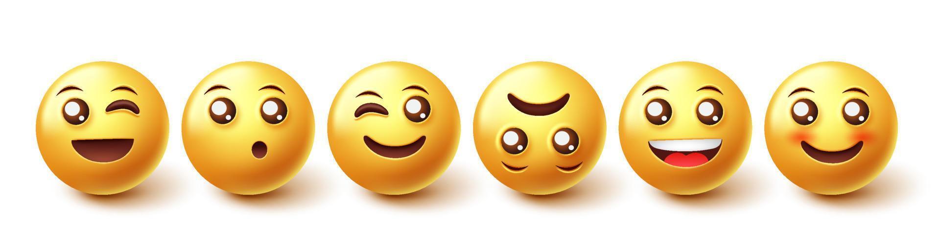 conjunto de vectores de caracteres emojis. Colección de reacciones de caras de emoji en caras de iconos amarillos aisladas en fondo blanco para elementos de diseño gráfico de personajes de emoticonos. ilustración vectorial.
