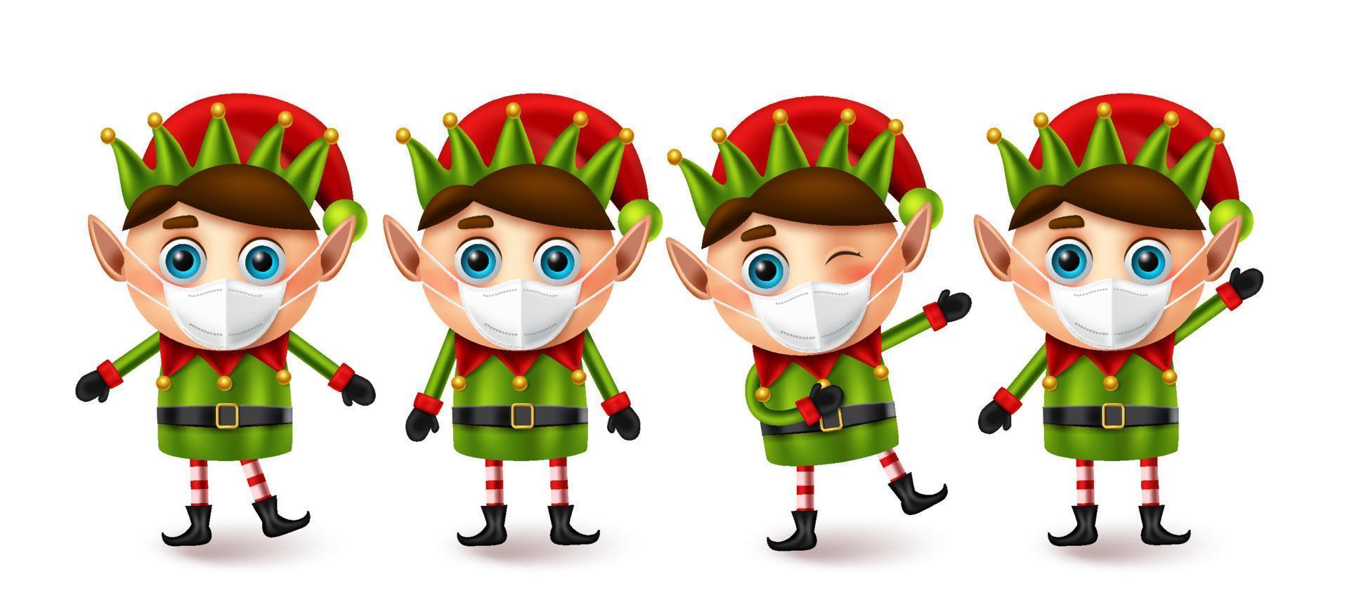 conjunto de vectores de caracteres navideños de elfos. personajes de la colección elf con máscara facial para la campaña covid-19 para el nuevo diseño de elementos navideños normales. ilustración vectorial.