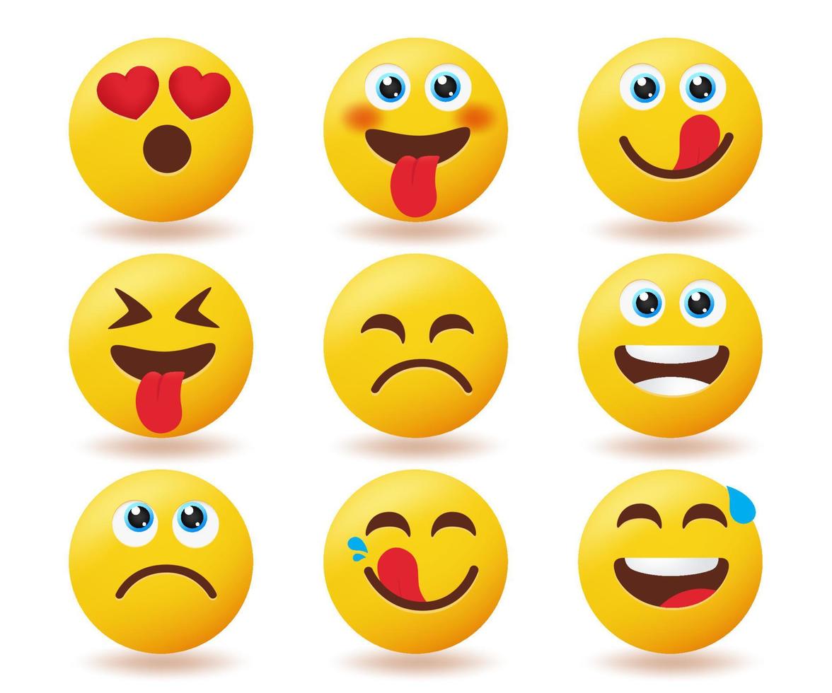 Emojis emoticon vector set. Emoji icon in happy, funny and yummy face expressions isolated in white background for emoticons yellow faces character collection design. Vector illustration.