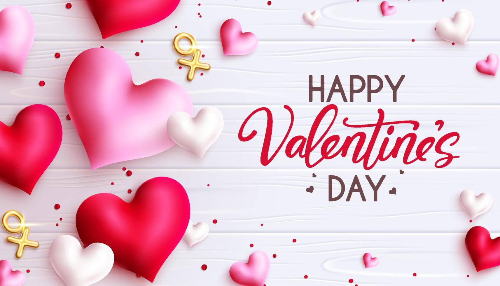 Valentines day greeting vector design. Happy valentine's day typography text with floating hearts in pink podium and space for valentine celebration decoration elements. Vector illustration.