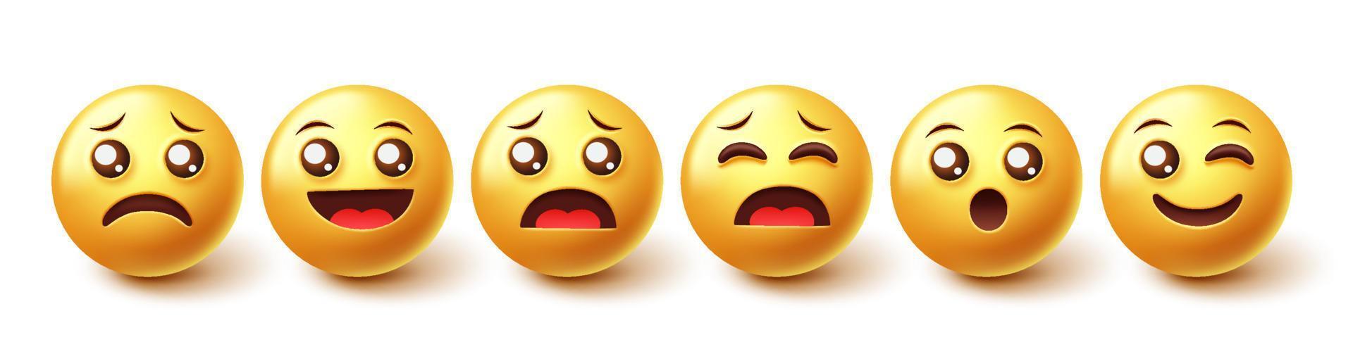 Emoji character vector set. 3d graphic emoticon design in happy, sad and surprised facial expression for emojis design collection. Vector illustration.