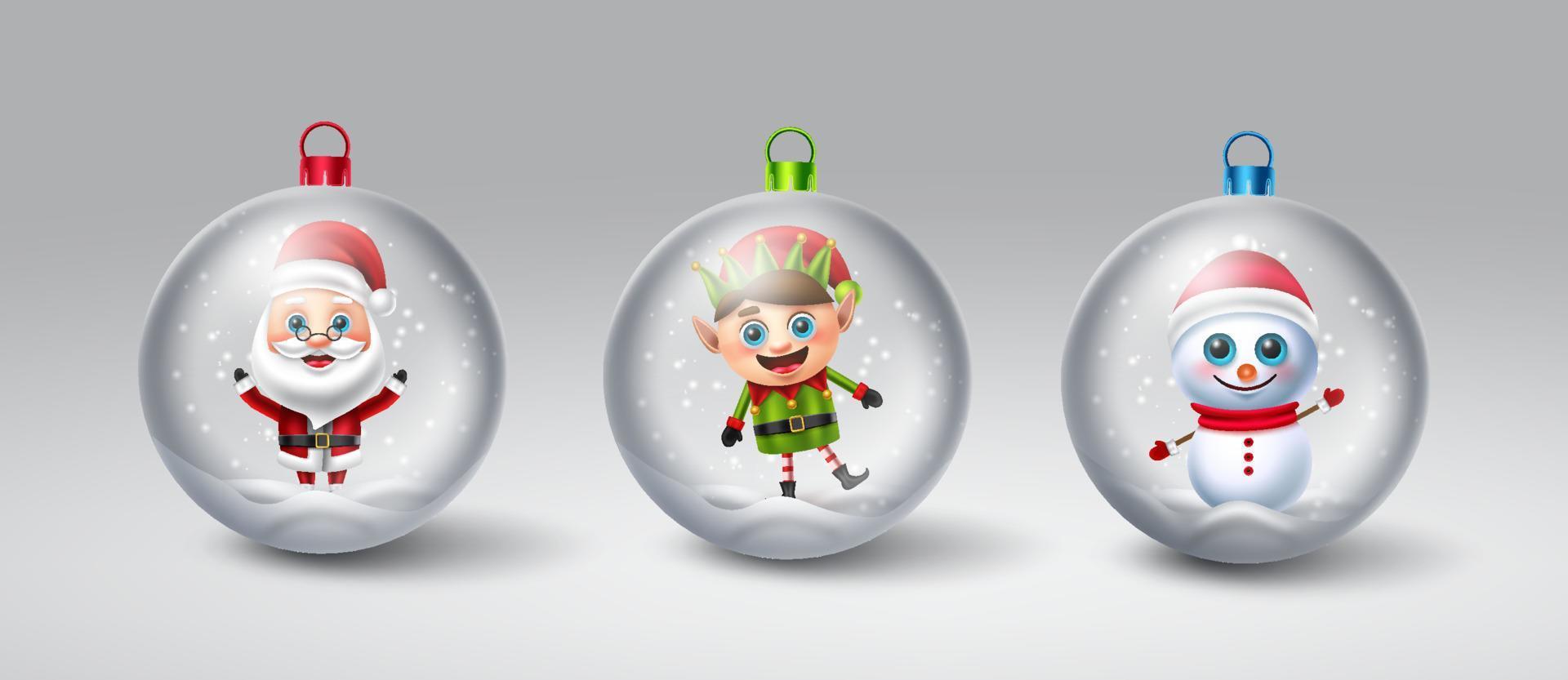 Christmas crystal ball vector set. Christmas characters like santa claus, reindeer, elf and snow man in snow globe element for xmas hanging decoration design. Vector illustration.