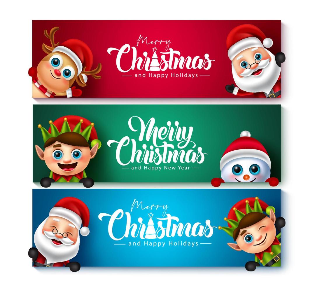 Conjunto de banner de vector de personajes de Navidad. texto de saludo de feliz navidad con santa claus, reno, elfo y personaje de hombre de nieve para el diseño de la tarjeta navideña. ilustración vectorial.