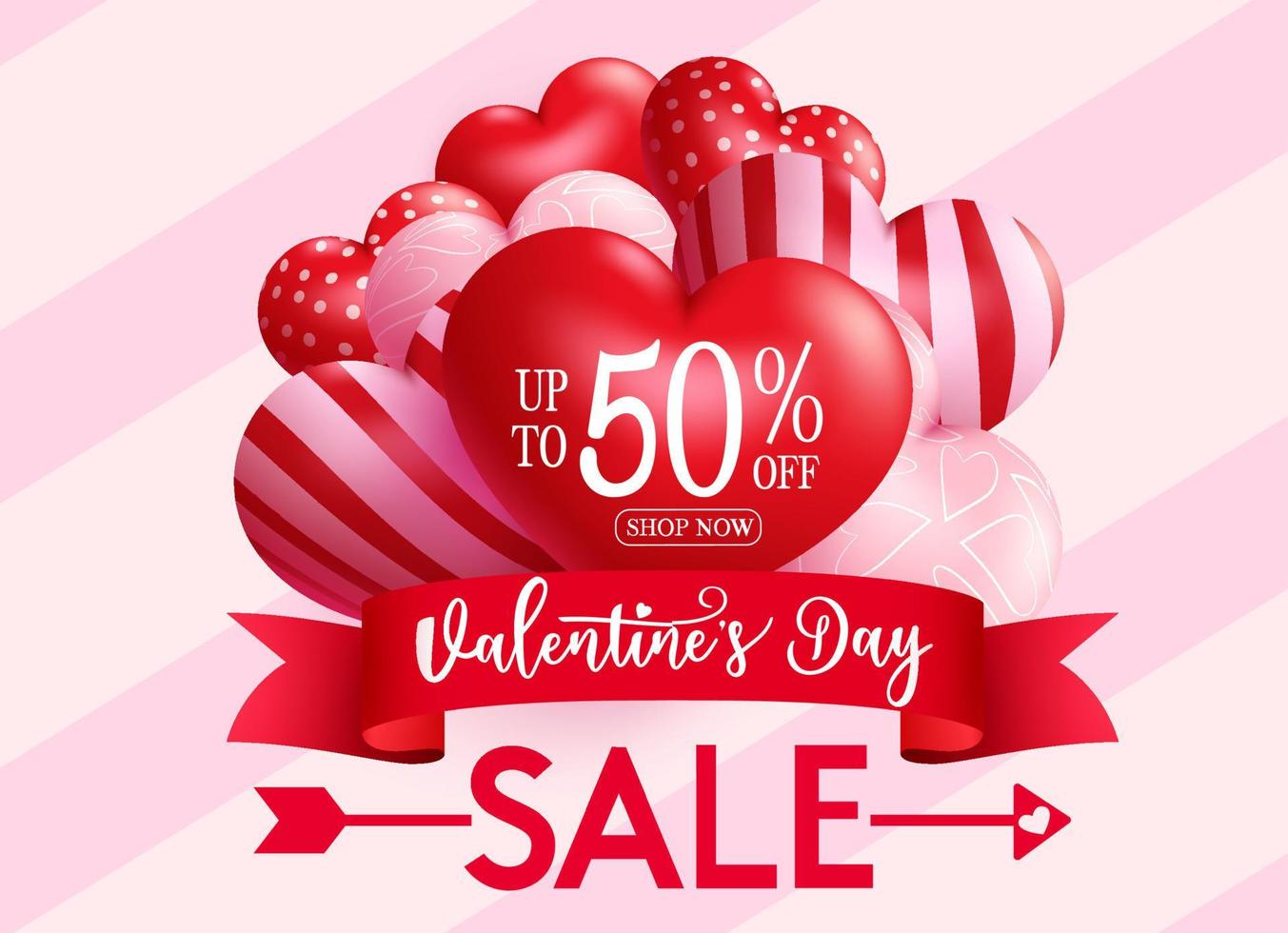 Valentine's sale vector banner design. Valentine's day sale text with 3d heart element for valentine promo discount advertising. Vector illustration