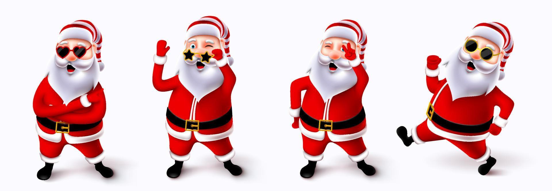 conjunto de vectores de caracteres navideños de santa claus. Lindos y alegres personajes en 3D de Papá Noel en poses y gestos de pie, corriendo y saludando con gafas de sol para el diseño de la colección de Navidad. ilustración vectorial.