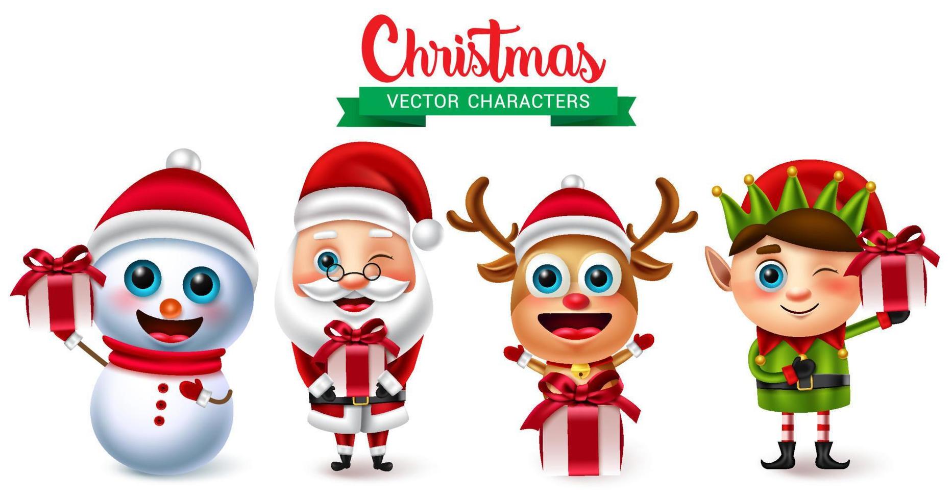 Christmas vector character set. Christmas characters like snow man, santa claus, reindeer and elf with gifts element for xmas holiday gift giving collection design. Vector illustration.