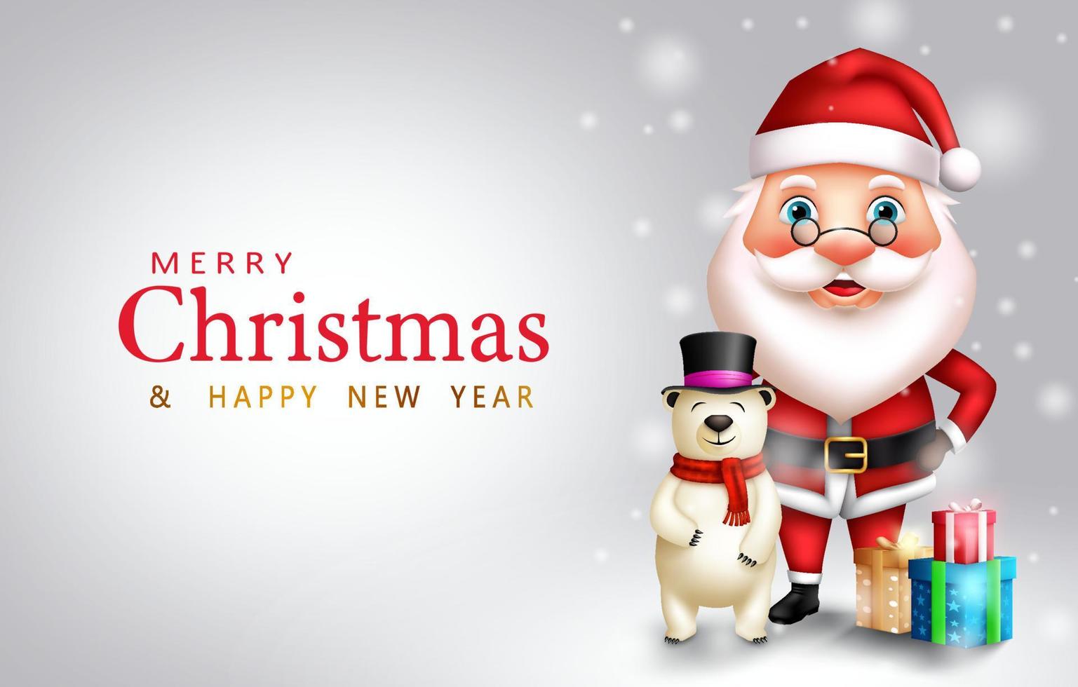 Christmas characters vector design. Merry christmas greeting text with standing santa claus and polar bear character for xmas holiday season. Vector illustration