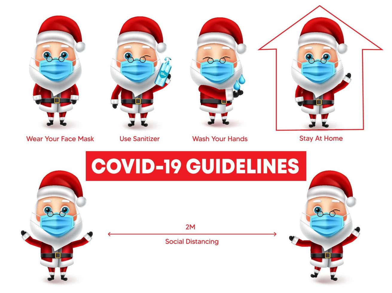 Santa claus character vector set. Christmas santa collection wearing face mask for covid-19 guidelines campaign for new normal xmas elements design. Vector illustration.