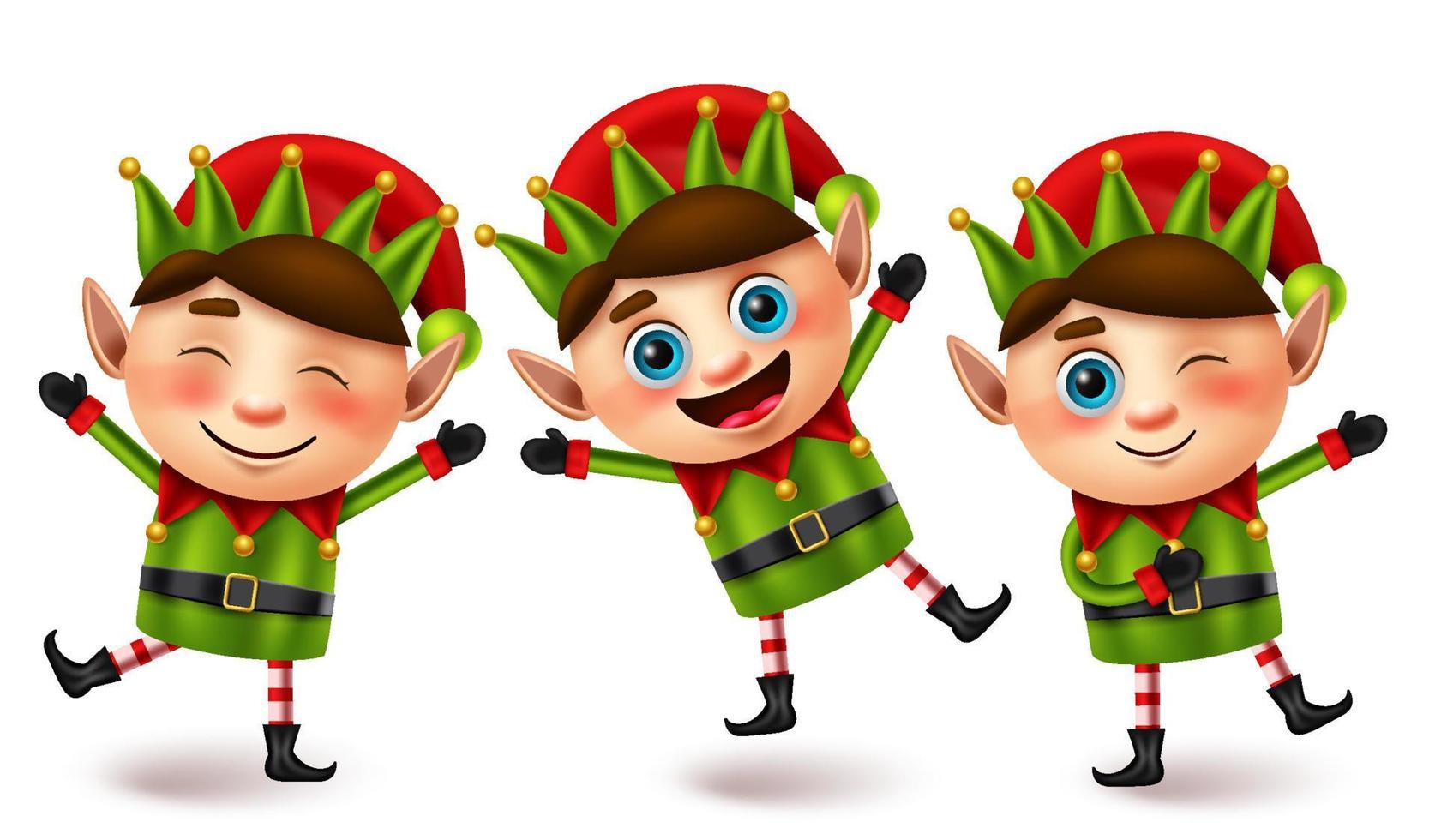 elfos navidad personajes vector set. Lindo personaje de elfo en expresión facial divertida y alegre con pose de salto y gesto para el diseño de elementos de la colección de niños pequeños de Navidad. ilustración vectorial.