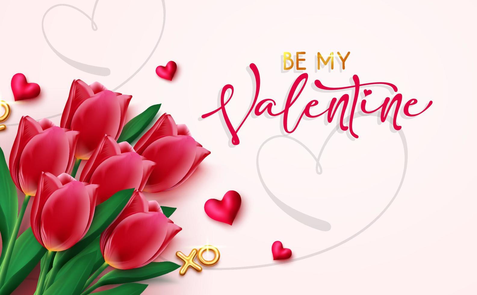 Valentines vector background design. Happy valentine's day greeting text with cute hearts, roses and gifts elements for romantic valentine greeting messages. Vector illustration.