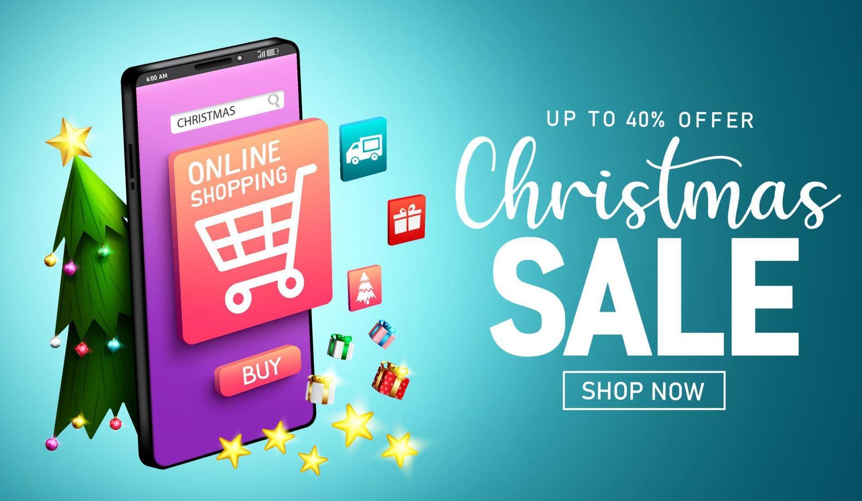 Christmas online sale vector banner design. Christmas sale text with online mobile shopping app for xmas virtual shop promotion ads. Vector illustration.