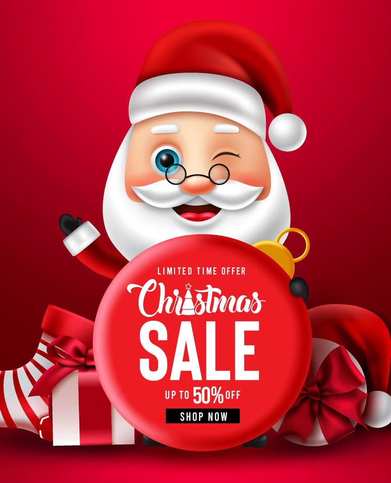 diseño de cartel de vector de venta de santa claus de navidad. Texto de venta de Navidad en elemento de insignia con descuento promocional de oferta por tiempo limitado para promoción comercial de Navidad. ilustración vectorial.