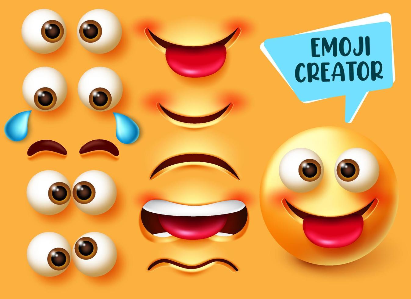 Emoji creator vector set. Emoticon 3d character kit with editable face parts like eyes and mouth for happy and funny emojis facial expression design. Vector illustration