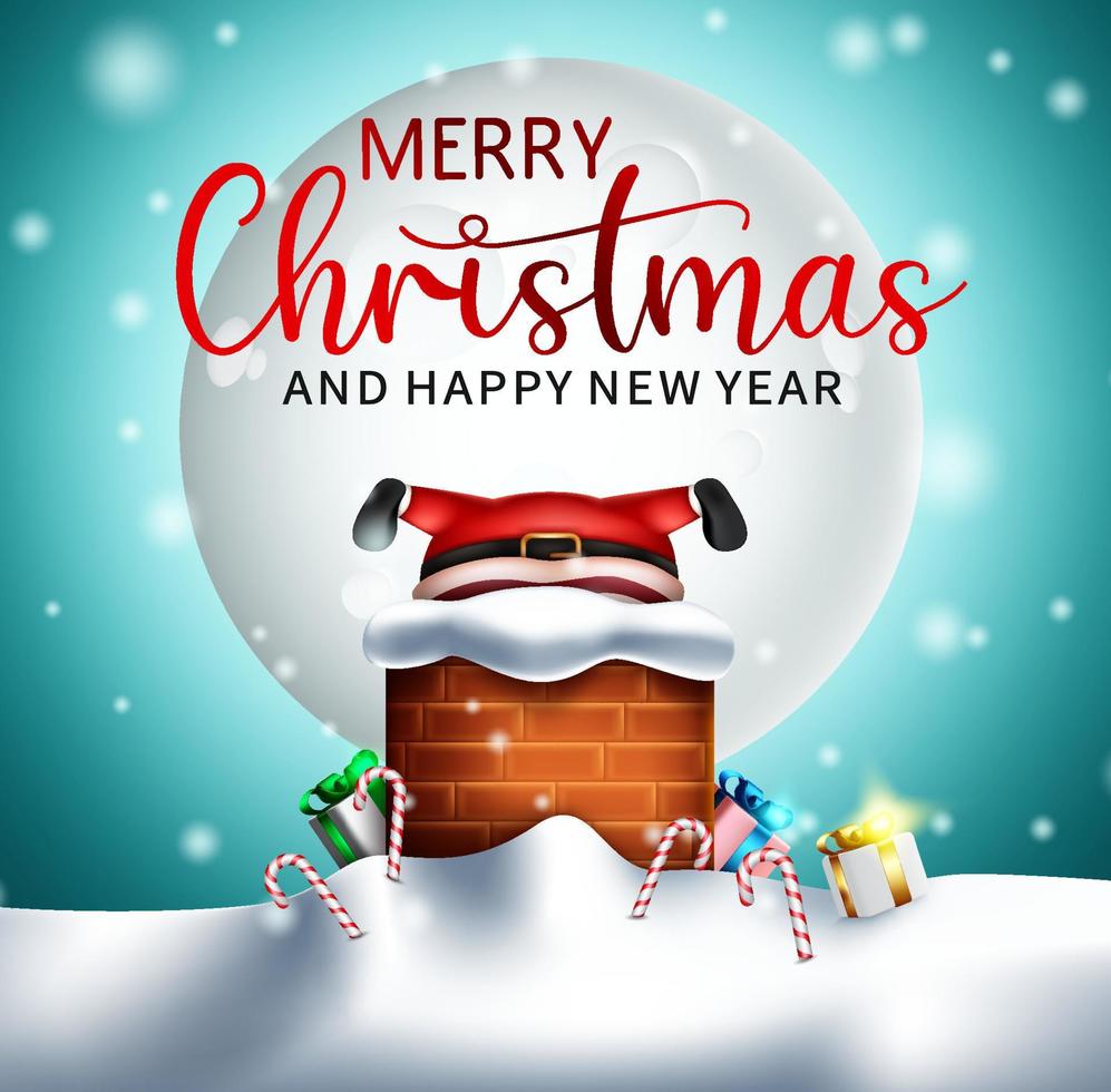 Merry christmas greeting vector design. Merry christmas text with funny santa claus stuck in snowy chimney with gifts for xmas holiday season celebration. Vector illustration.
