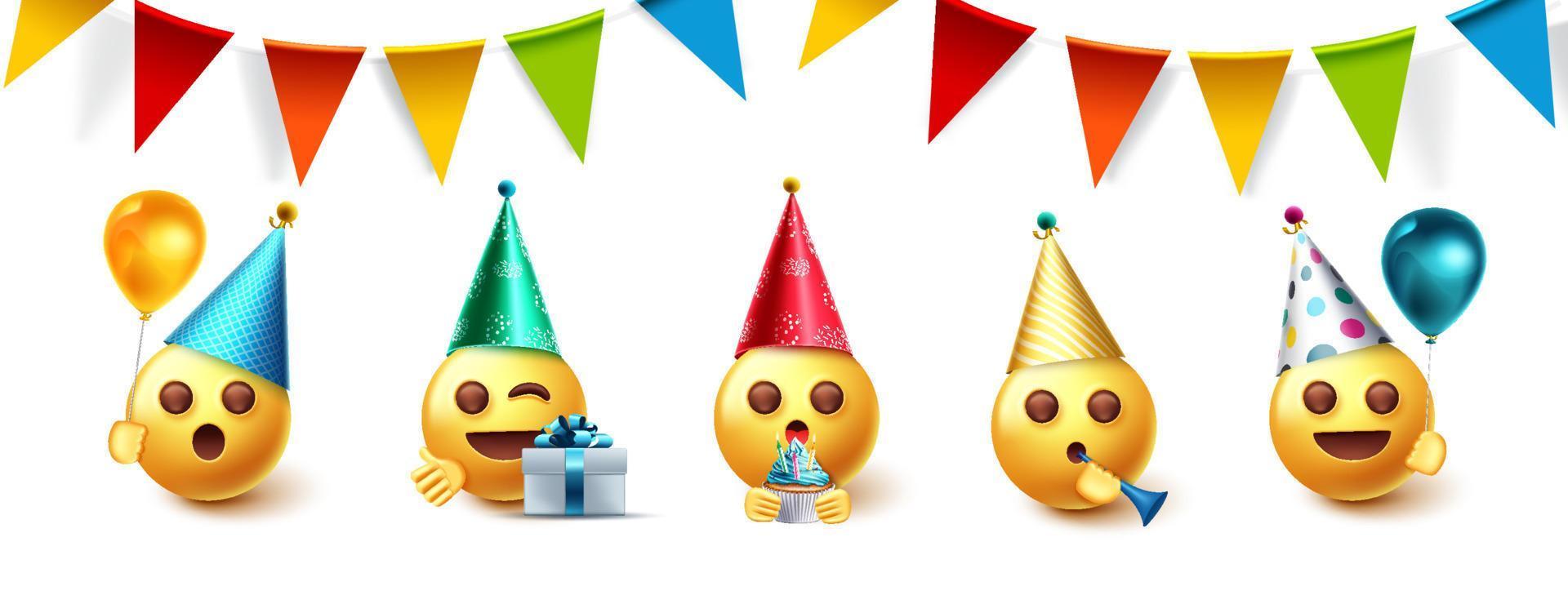 Conjunto de diseño de vector de fiesta de cumpleaños de emoji. colección de emojis en celebración de fiestas con banderines, globos y sombreros que celebran elementos para la colección de emoticonos del día del nacimiento. ilustración vectorial.