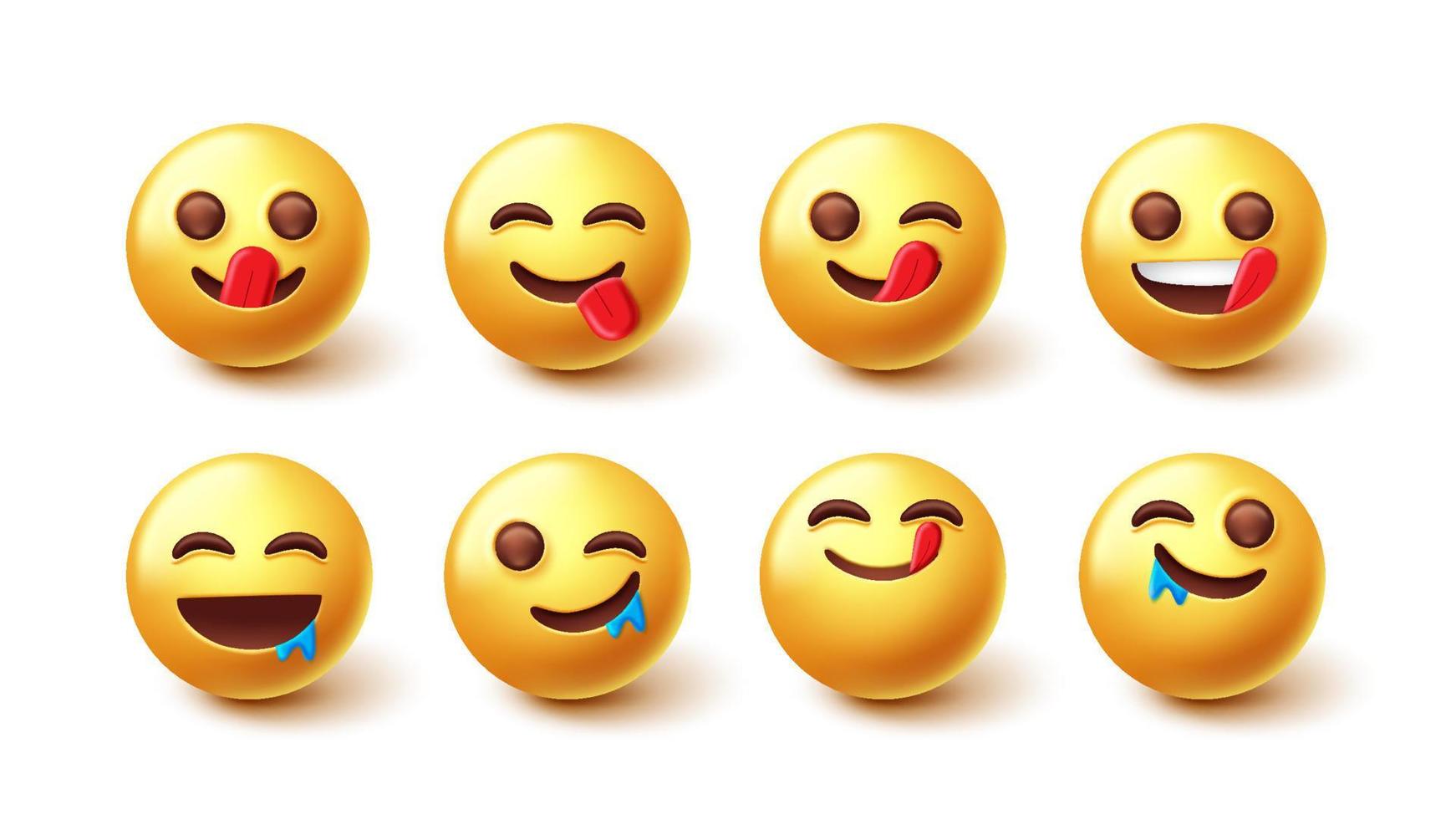 emojis cara deliciosa conjunto de vectores de caracteres. emoji 3d en lamiendo y haciendo agua la boca para la colección de diseño de reacción facial de emoticones hambrientos, deliciosos y sabrosos. ilustración vectorial.