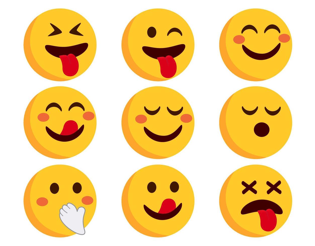 conjunto de vectores de emoticonos emoji. Emojis personajes planos en rubor, loco y feliz emoticon vista lateral reacción de la cara aislado en fondo blanco para la colección de expresión de personajes. ilustración vectorial.